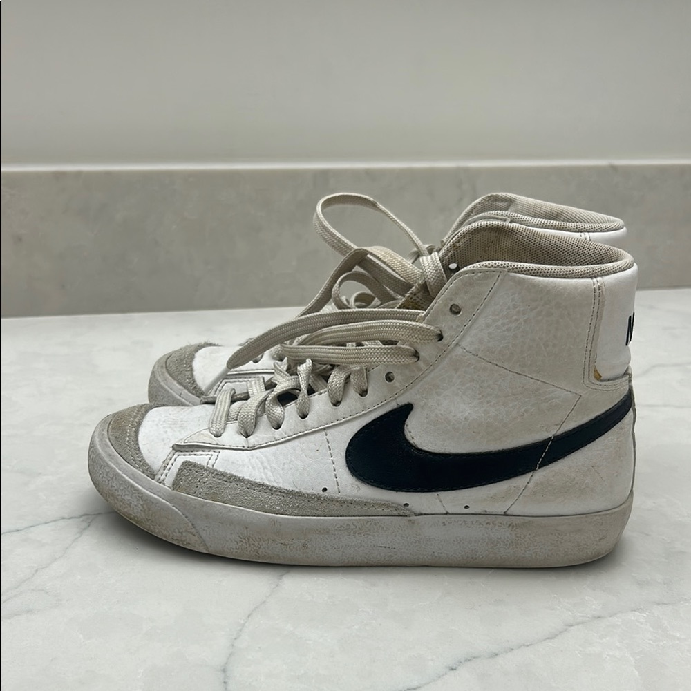 worn in NIKE White High-Top Sneakers with Black Swoosh